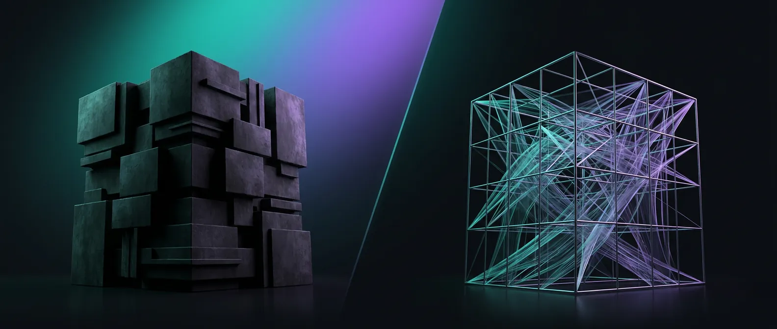 Abstract dark editorial graphic showing a heavy cluster of stacked blocks on the left resolving into a light, fast lattice on the right, illustrating Astro versus WordPress for SEO