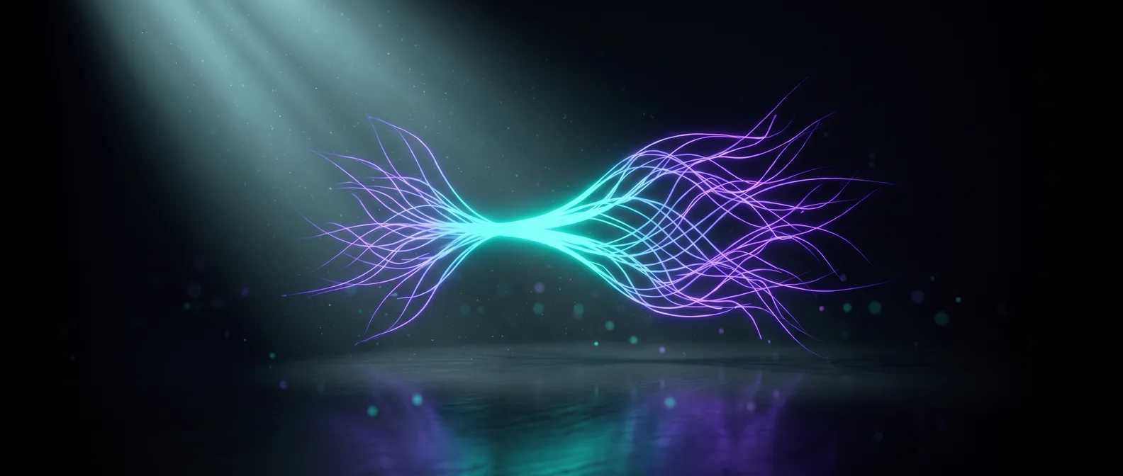 Abstract dark editorial graphic of two glowing purple and teal thread masses converging through a single bright node, illustrating a GEO agency channelling scattered brand signals into one AI-generated answer