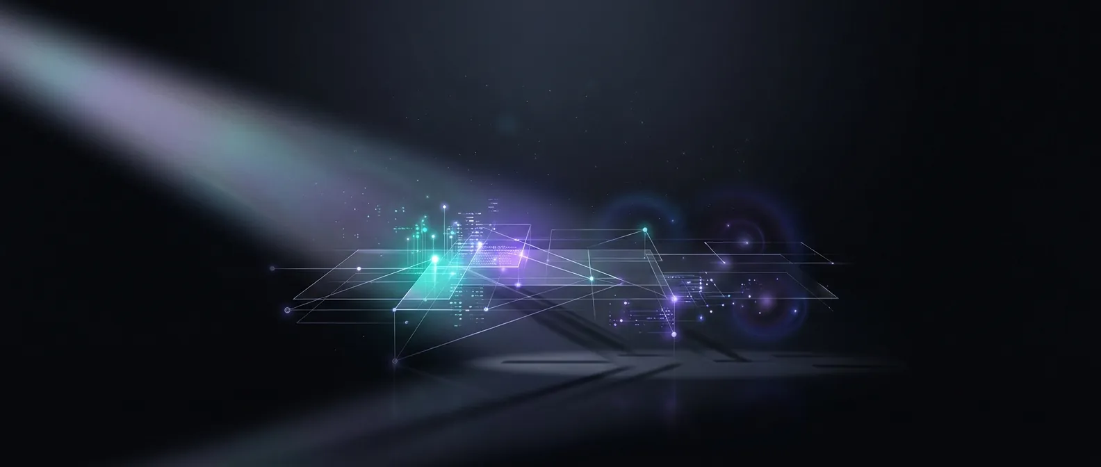 Abstract dark editorial graphic of a scanning beam passing over a website's structure, illustrating an AEO audit checking whether AI search engines can read a site