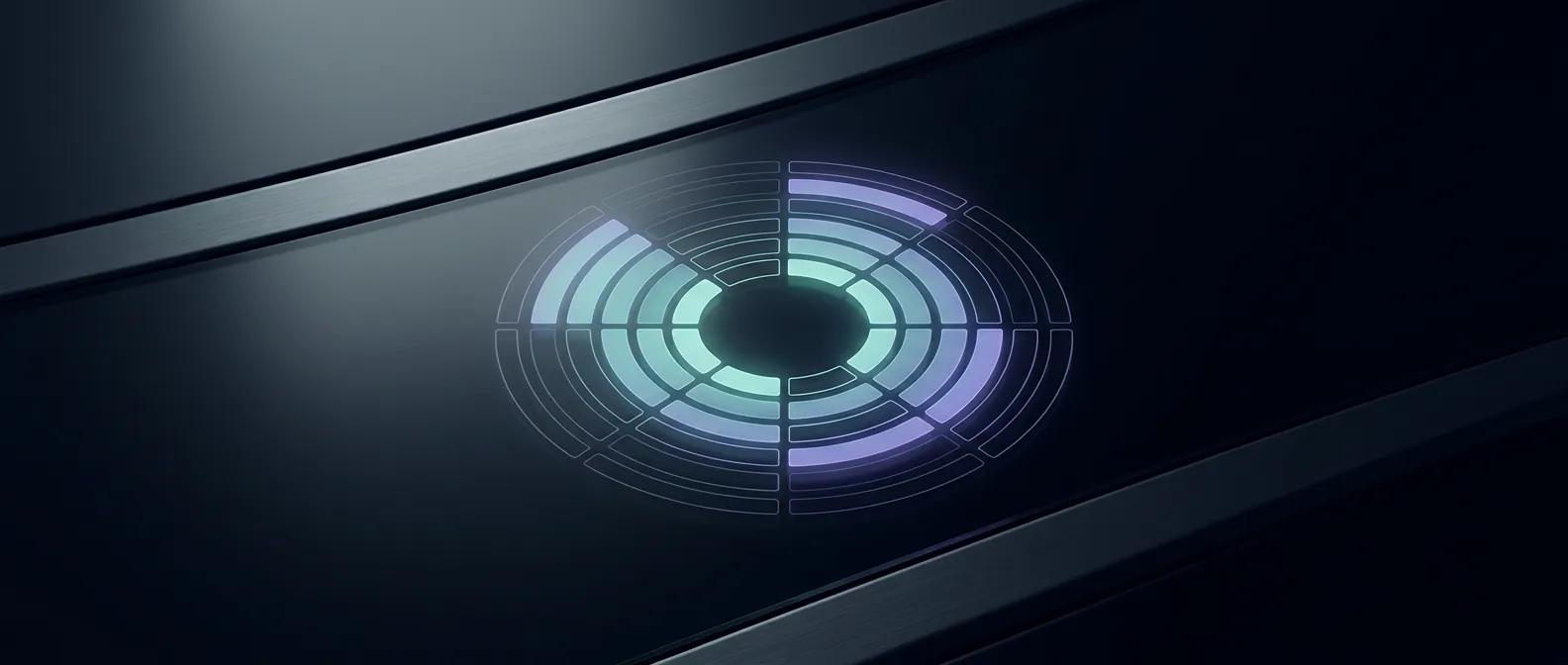 Abstract dark editorial graphic showing concentric readiness-score rings and a diagnostic radar sweep, illustrating an AI readiness assessment scored across several dimensions
