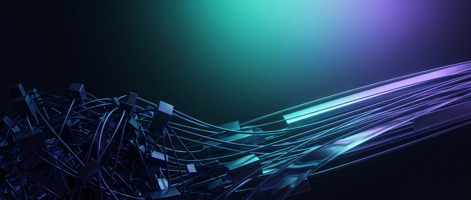 Abstract dark editorial graphic showing a heavy cluttered structure resolving into faster streamlined lines, illustrating the question of whether WordPress is good for SEO