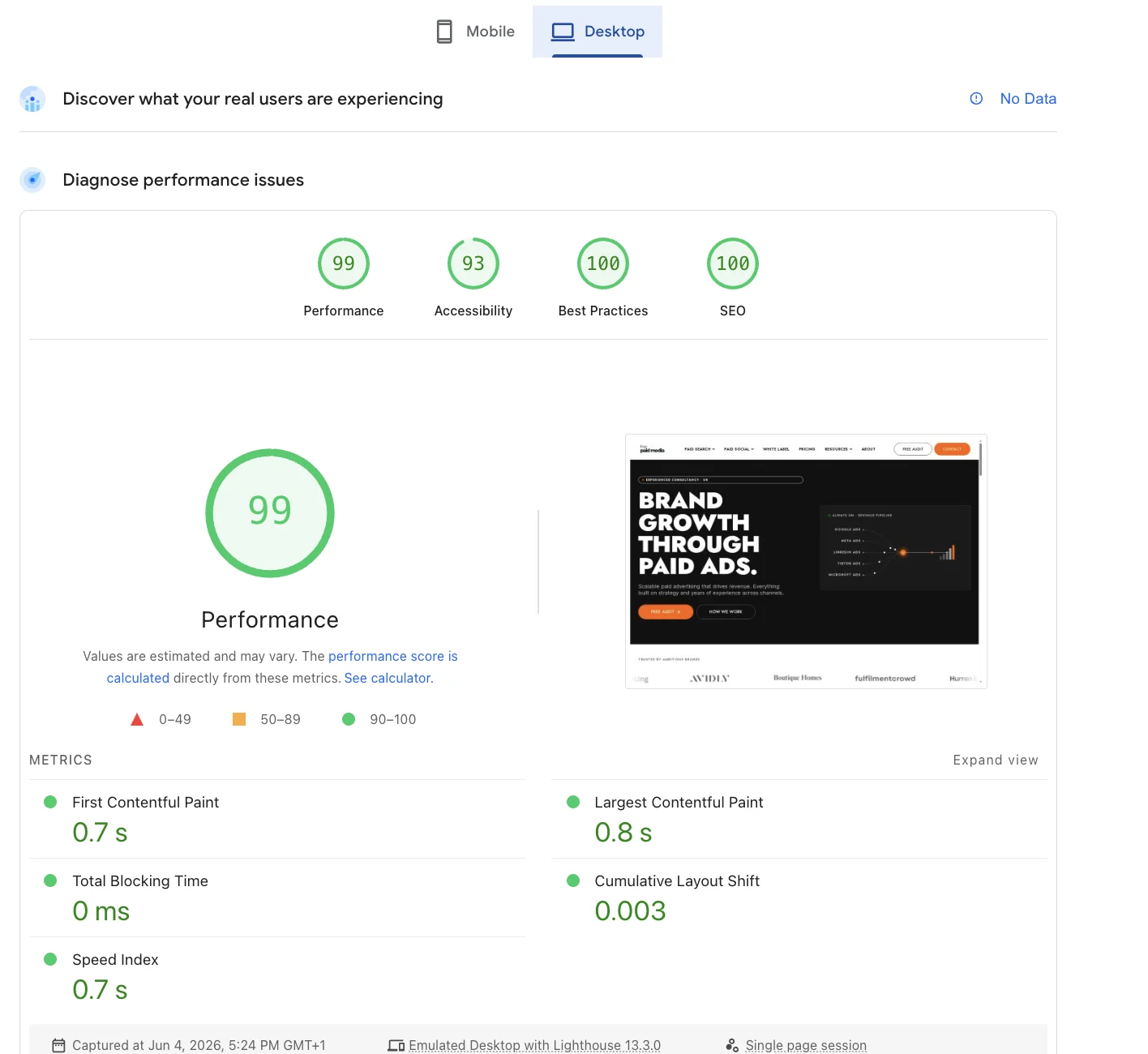 Desktop PageSpeed after