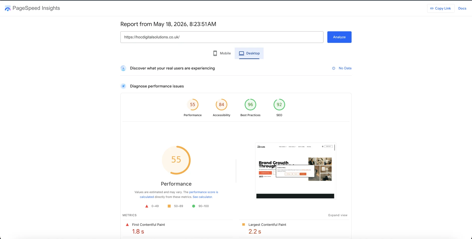 Desktop PageSpeed before