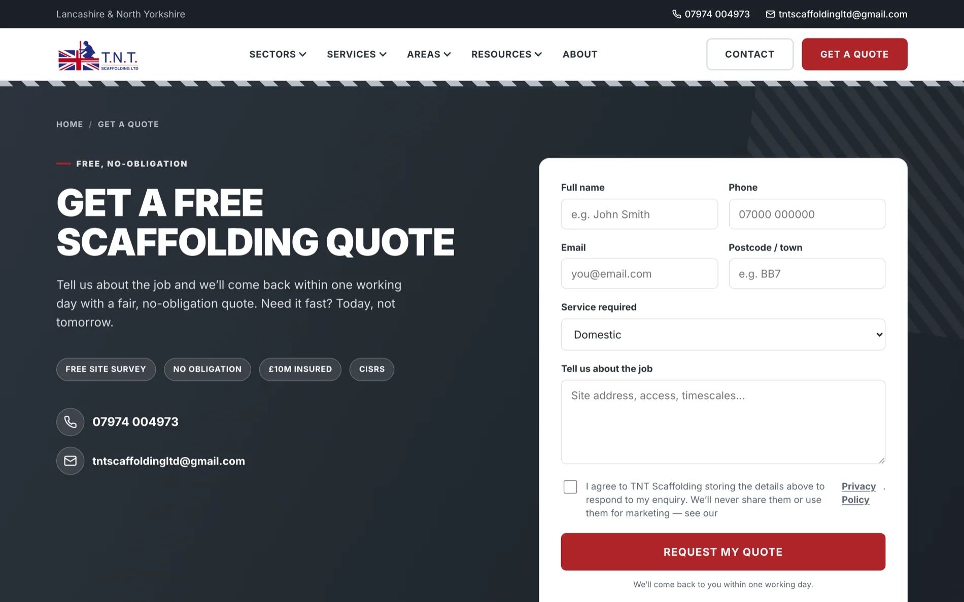 TNT Scaffolding quote request form