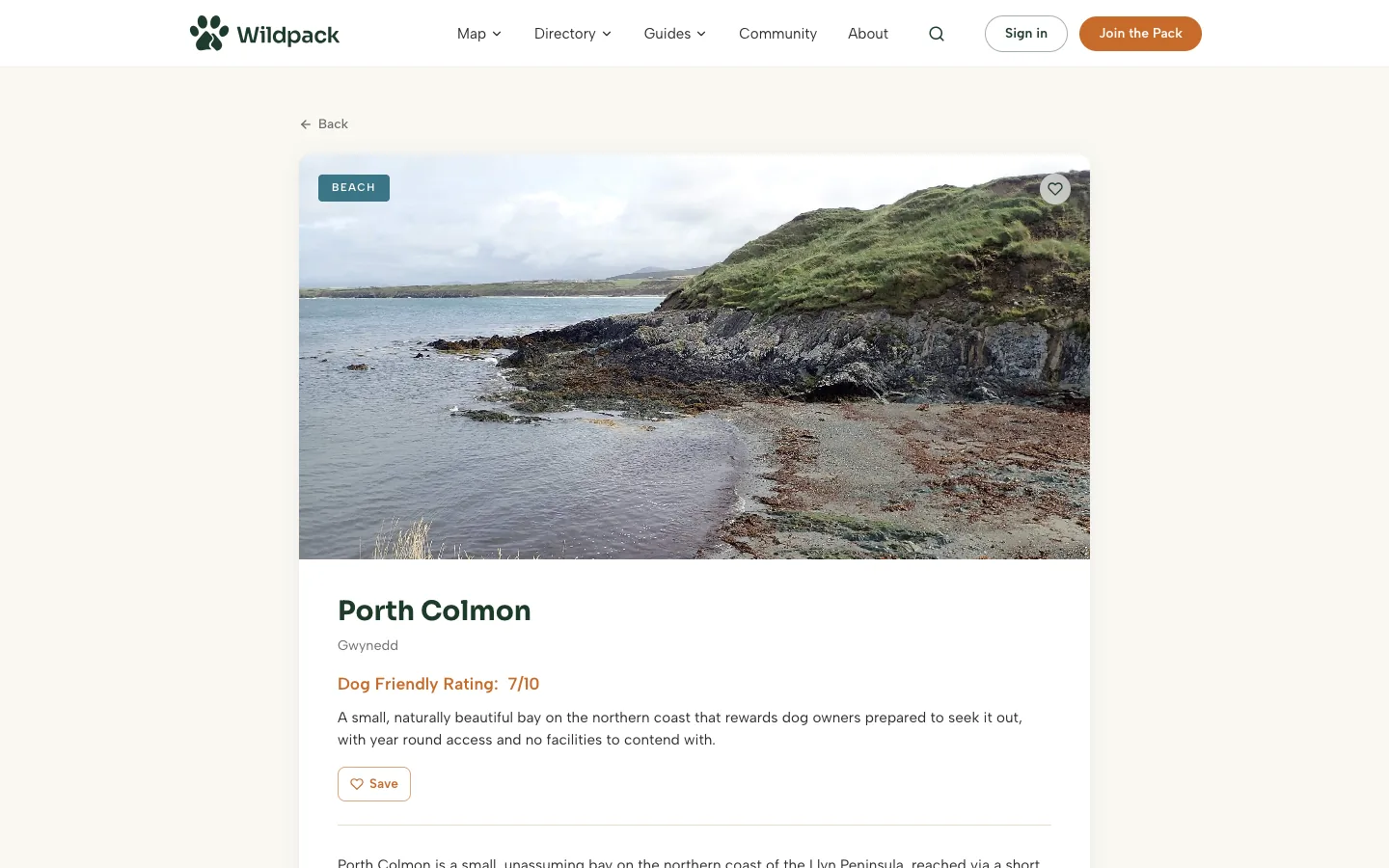 A Wildpack beach page for Porth Colmon in Gwynedd
