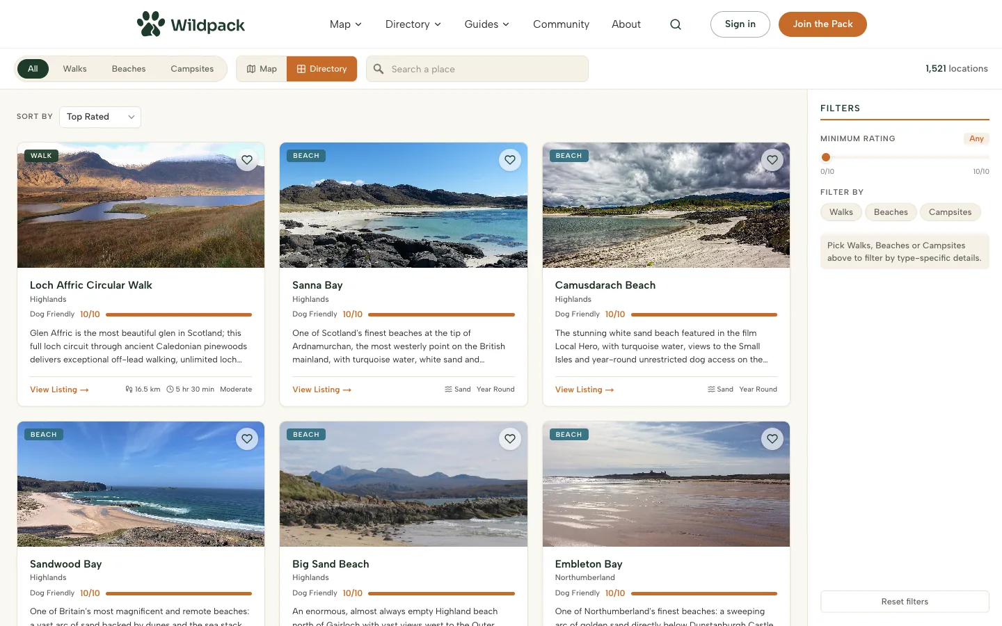 The Wildpack directory view with filterable location cards