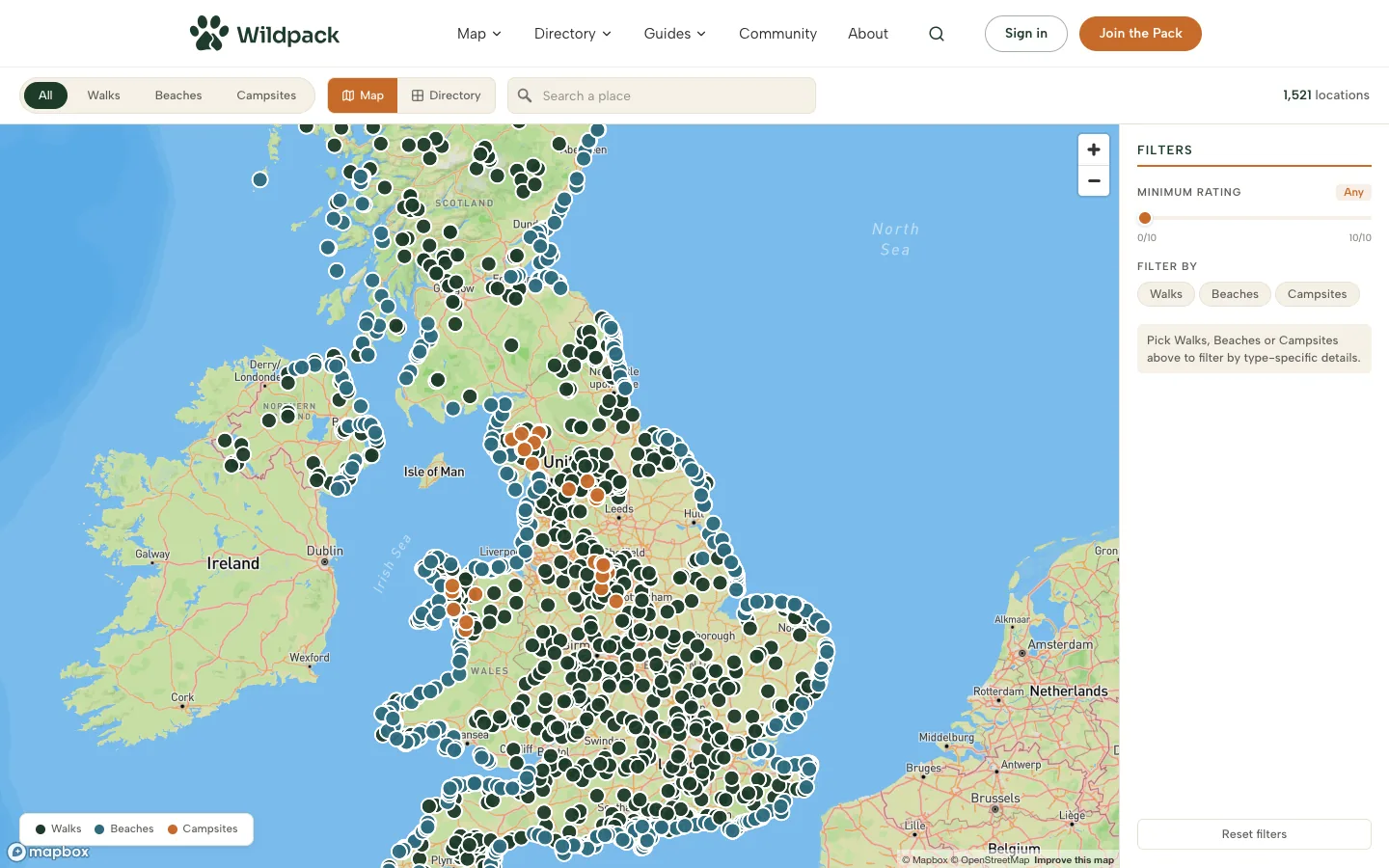 The Wildpack map showing 1,521 dog friendly locations across the UK