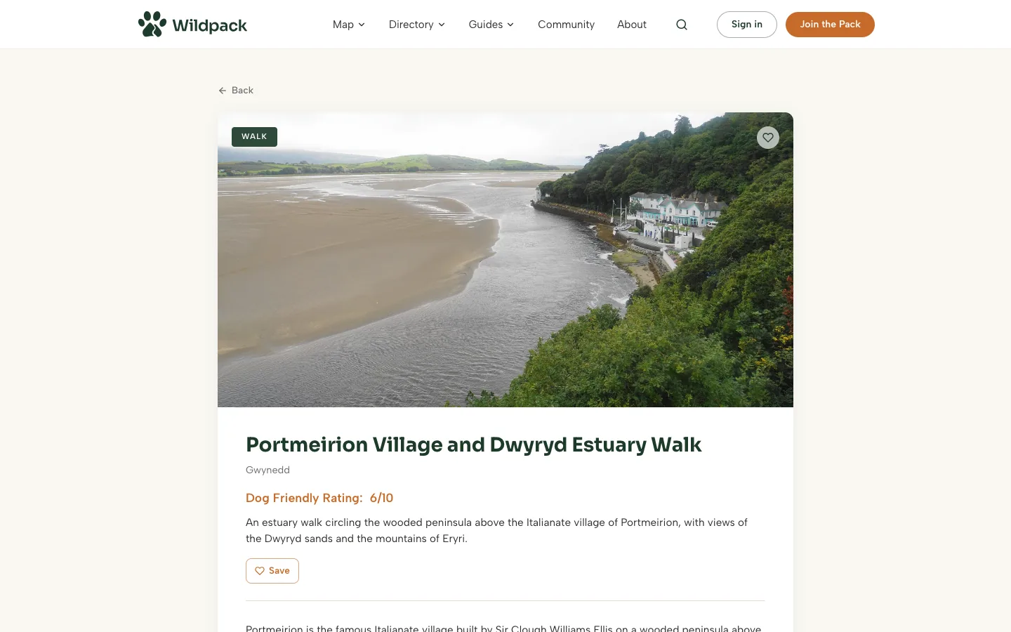 A Wildpack walk page for Portmeirion Village and the Dwyryd Estuary